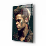 Tyler Durden glass wall art displayed above a leather sofa in a moody man cave with brass sconces