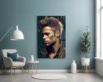 Tyler Durden glass wall art styled above a console in a study