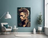 Tyler Durden glass wall art styled above a console in a study