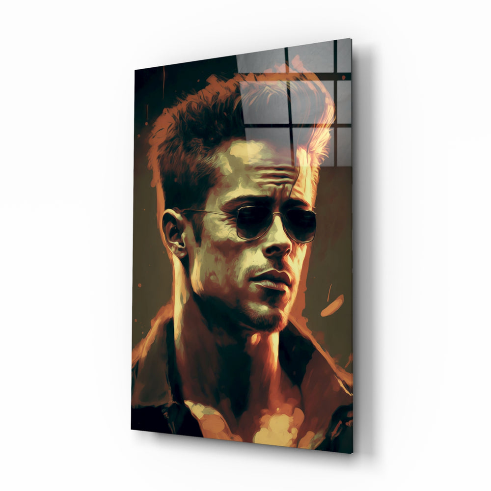 Tyler Durden glass wall art displayed above a leather sofa in a moody man cave with brass sconces
