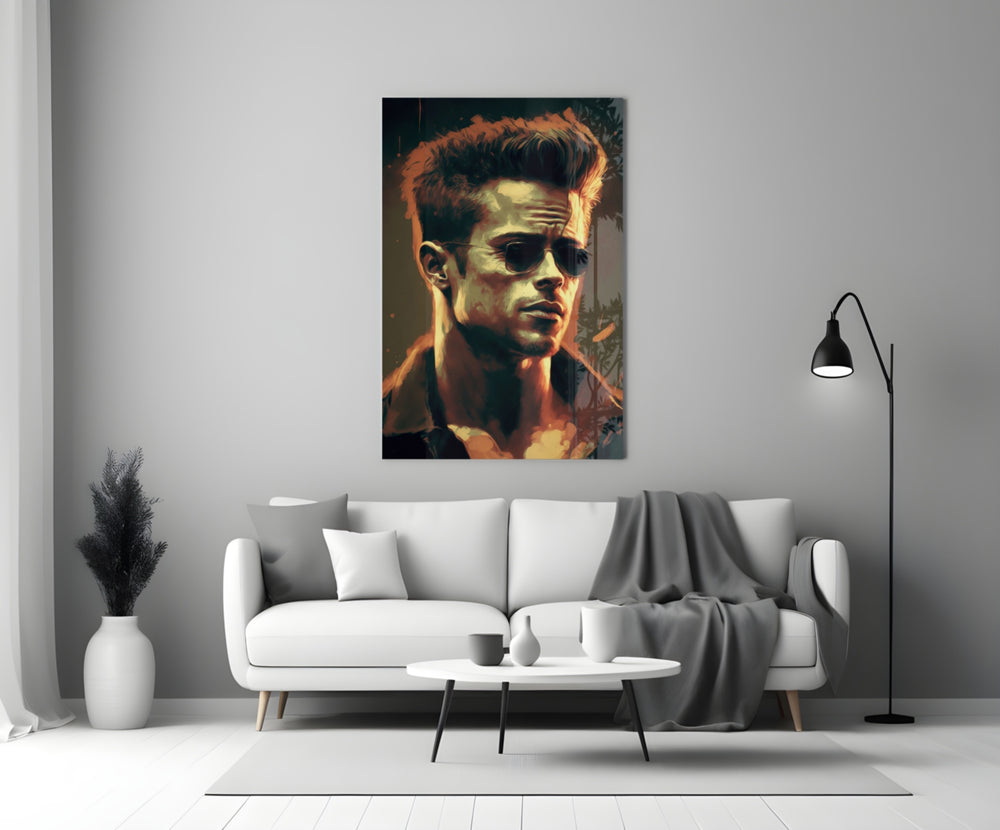 Tyler Durden close-up showing aviator sunglasses and gold rim-light