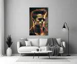 Tyler Durden close-up showing aviator sunglasses and gold rim-light