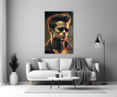 Tyler Durden close-up showing aviator sunglasses and gold rim-light