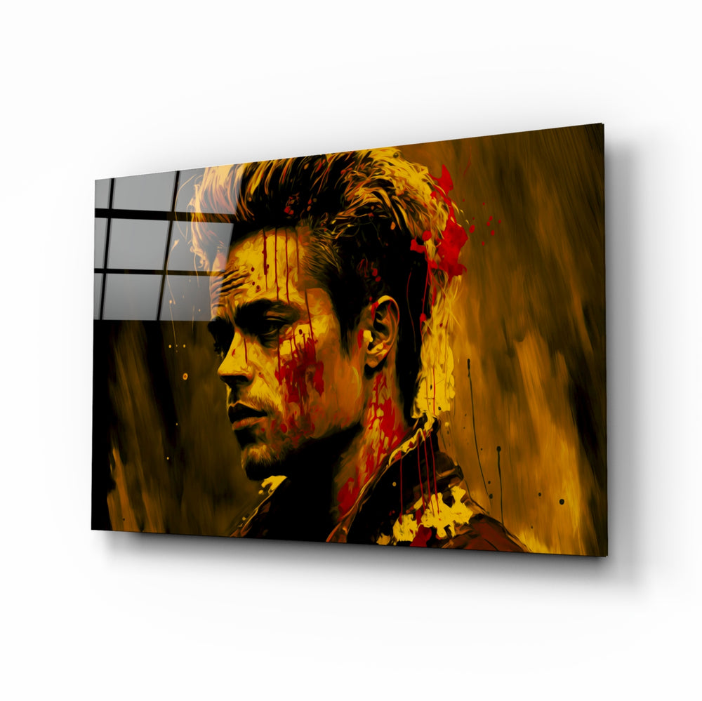 Fight Club Tyler Durden glass wall art displayed above a leather sofa in a moody man cave with brass sconces
