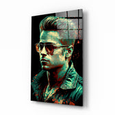 Fight Club Tyler Durden glass wall art displayed above a leather sofa in a contemporary man cave with brass sconces