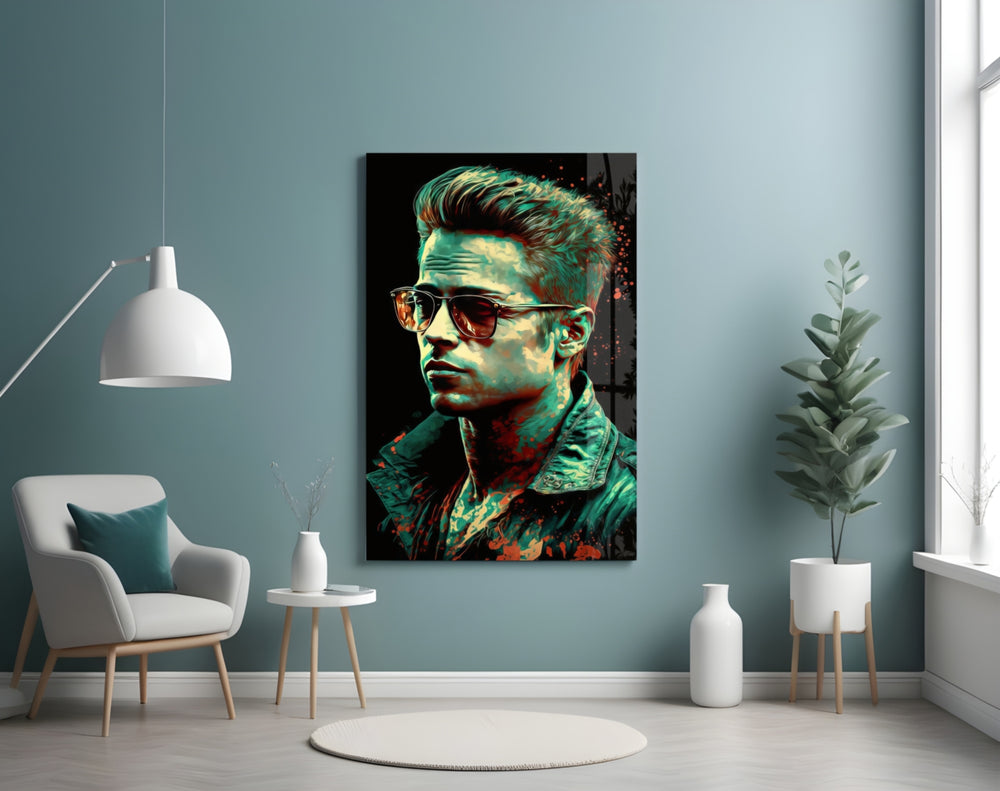 Fight Club Tyler Durden glass wall art styled above a console in a study