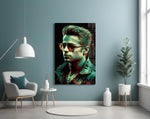 Fight Club Tyler Durden glass wall art styled above a console in a study