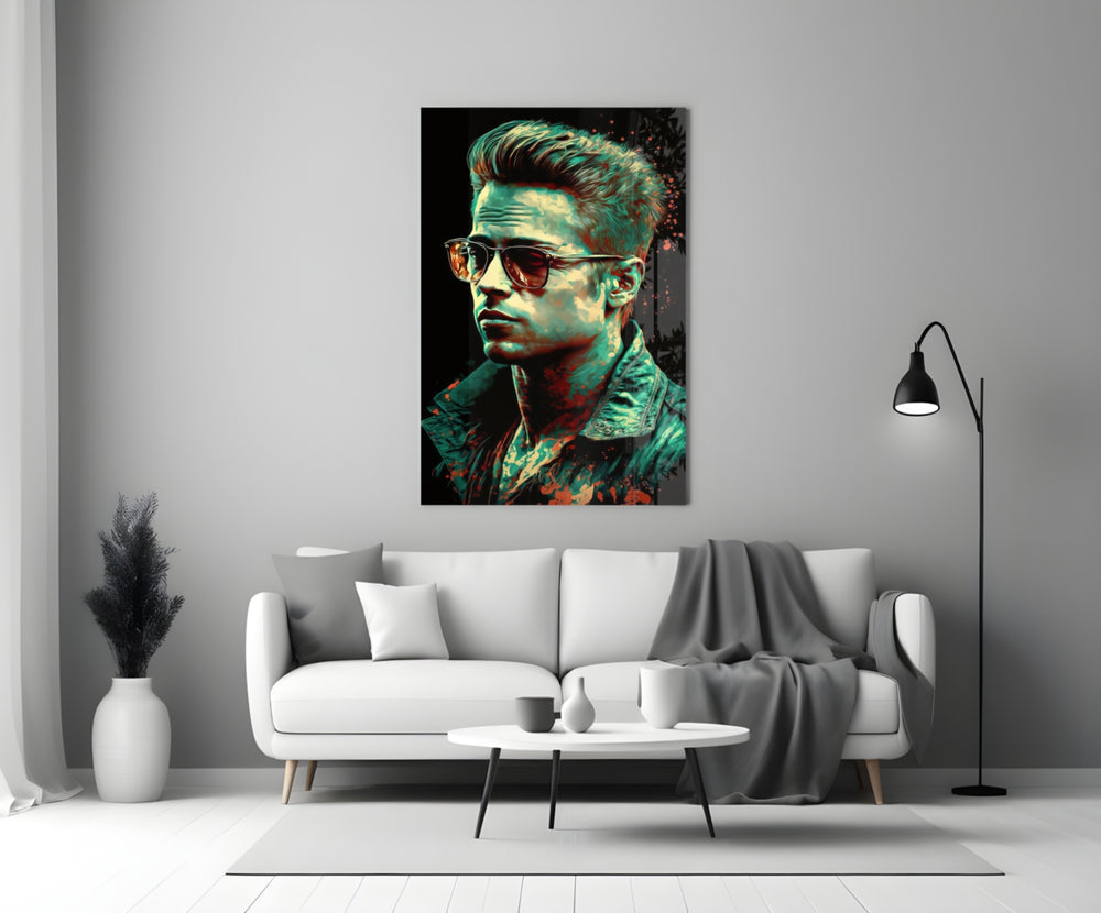Tyler Durden close-up showing aviator shades and teal highlights on cheekbones