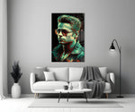 Tyler Durden close-up showing aviator shades and teal highlights on cheekbones