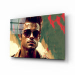 Fight Club Tyler Durden glass wall art displayed above a leather sofa in a moody man cave with brass sconces