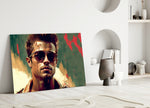 Tyler Durden close-up showing aviator shades against olive haze and crimson smears