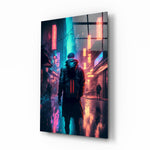 Cyberpunk glass wall art displayed above a desk in a gaming room with magenta LED accents