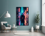 Cyberpunk glass wall art styled above a console in a man cave