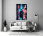 Cyberpunk close-up showing hooded drifter walking through neon rain-slick alley