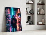Cyberpunk glass print enhancing a home theater with cinematic mood