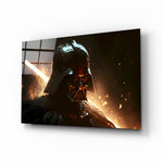Darth Vader glass wall art displayed above a leather sofa in a moody home theater with brass sconces
