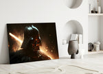 Darth Vader close-up showing sculpted helmet catching molten ember sparks