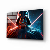 Darth Vader glass wall art displayed above a leather sofa in a contemporary home theater with neon accents