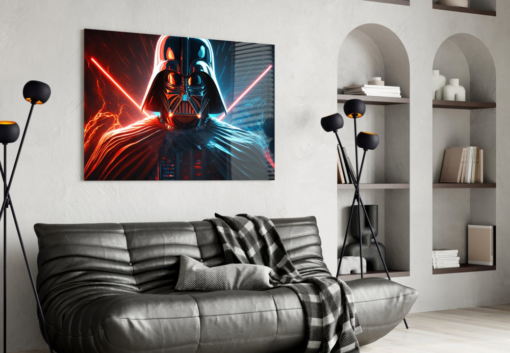 Darth Vader glass wall art styled above a console in a games room