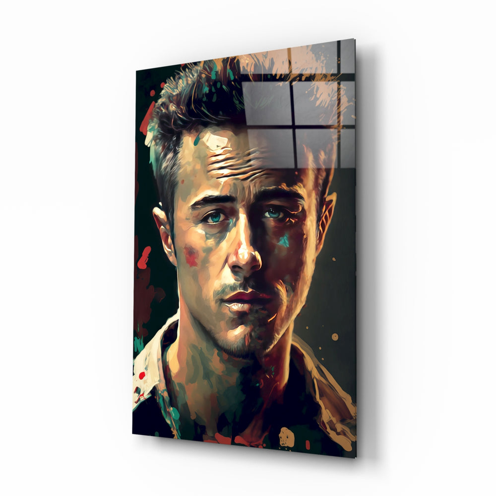 Fight Club Norton glass wall art displayed above a leather sofa in a moody man cave with brass sconces