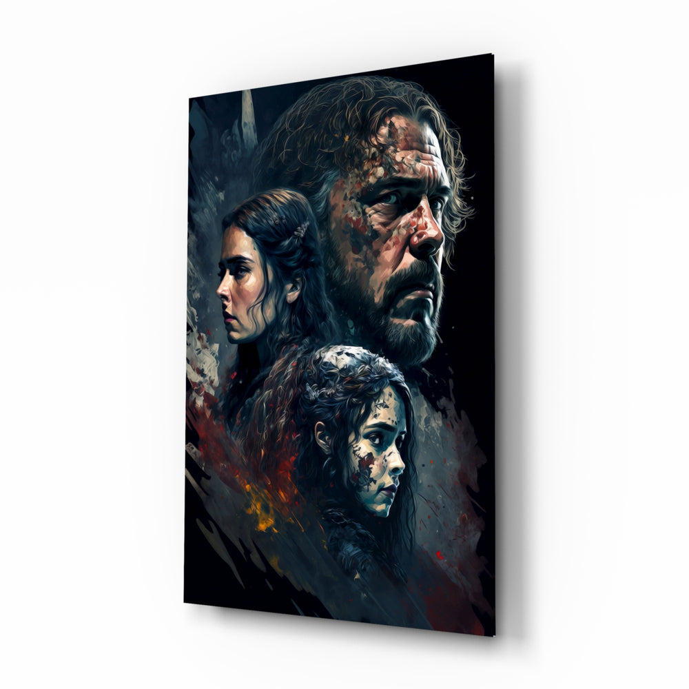 Game of Thrones glass wall art displayed above a leather sofa in a moody man cave with brass sconces