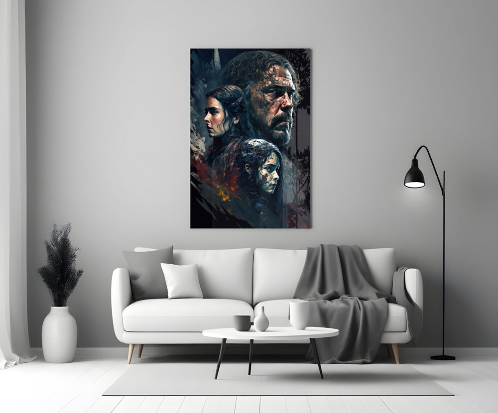 Game of Thrones close-up showing curly warrior, pale woman, and crowned king