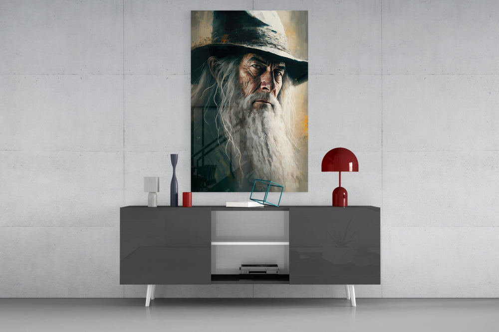 Gandalf panel catching lamp light to reveal its mythic gravity