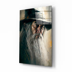 Gandalf glass wall art displayed above a walnut console in a moody hallway with brass sconces