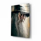 Gandalf glass wall art displayed above a walnut console in a moody hallway with brass sconces