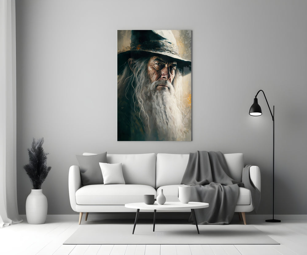 Gandalf close-up showing snow-white beard cascading past hooded eyes