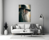 Gandalf close-up showing snow-white beard cascading past hooded eyes