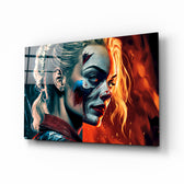 Harley Quinn glass wall art displayed above a velvet sofa in a moody teen lounge with industrial pendants