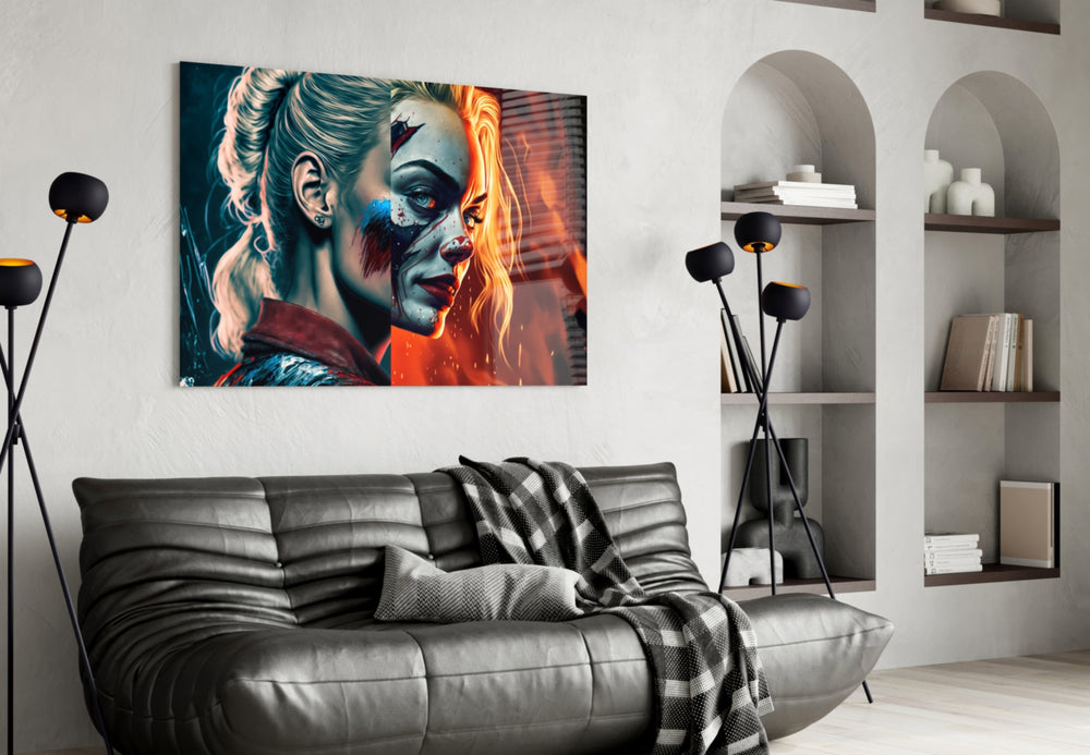 Harley Quinn glass wall art styled above a console in a games room