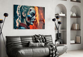 Harley Quinn glass wall art styled above a console in a games room
