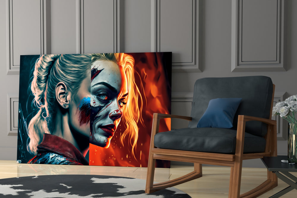 Harley Quinn glass print enhancing a hallway with cinematic mood