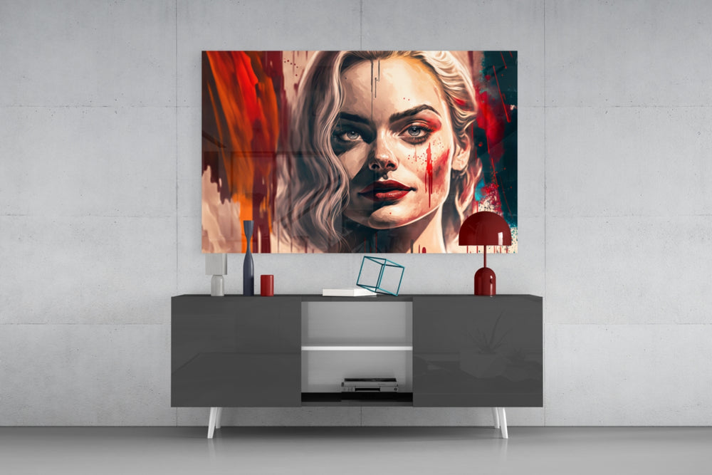 Harley Quinn panel catching lamp light to reveal its kinetic melancholy