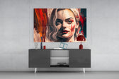 Harley Quinn panel catching lamp light to reveal its kinetic melancholy