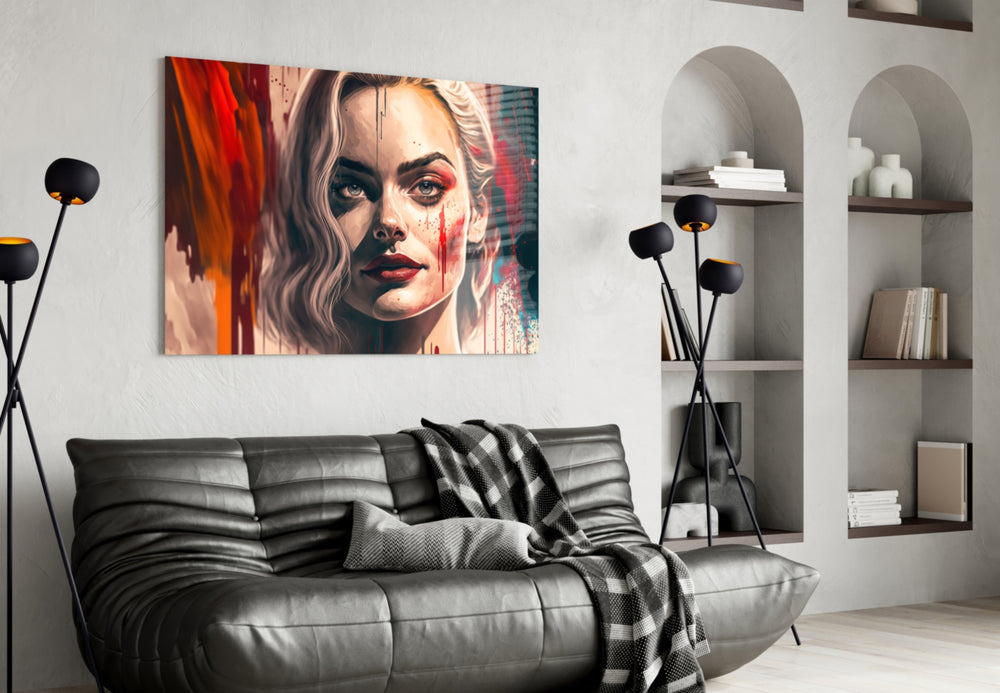 Harley Quinn glass wall art styled above a console in a hallway