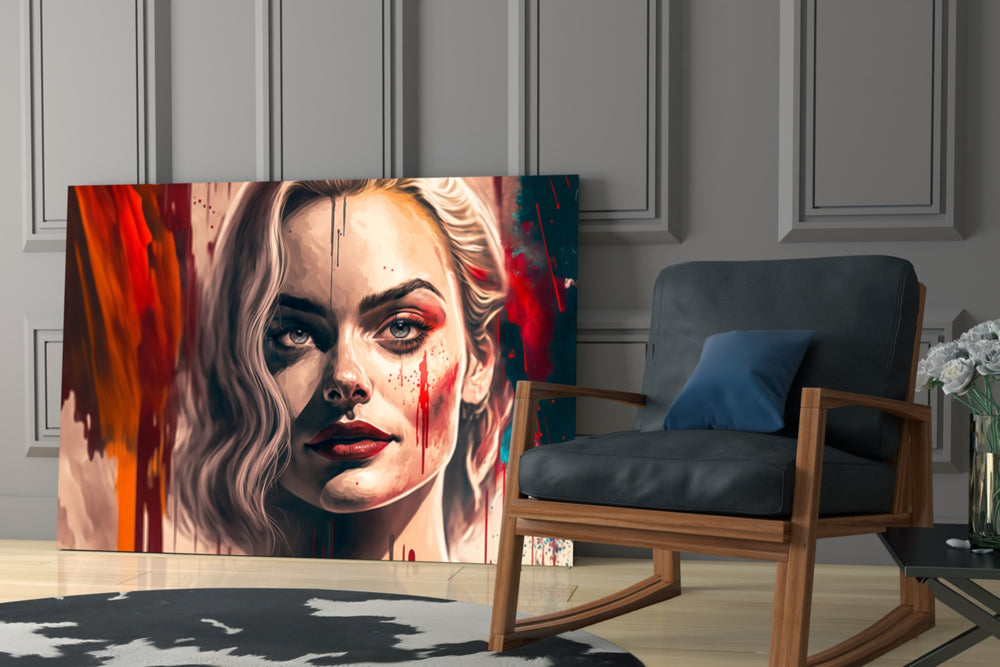 Harley Quinn glass print enhancing a powder room with cinematic mood