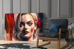 Harley Quinn glass print enhancing a powder room with cinematic mood