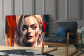 Harley Quinn glass print enhancing a powder room with cinematic mood