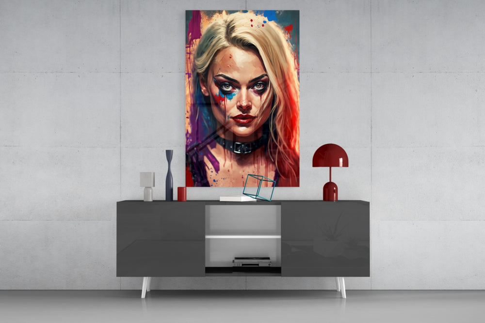 Harley Quinn panel catching lamp light to reveal its dripping charge