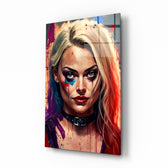 Harley Quinn glass wall art displayed above a velvet sofa in a moody teen lounge with industrial pendants