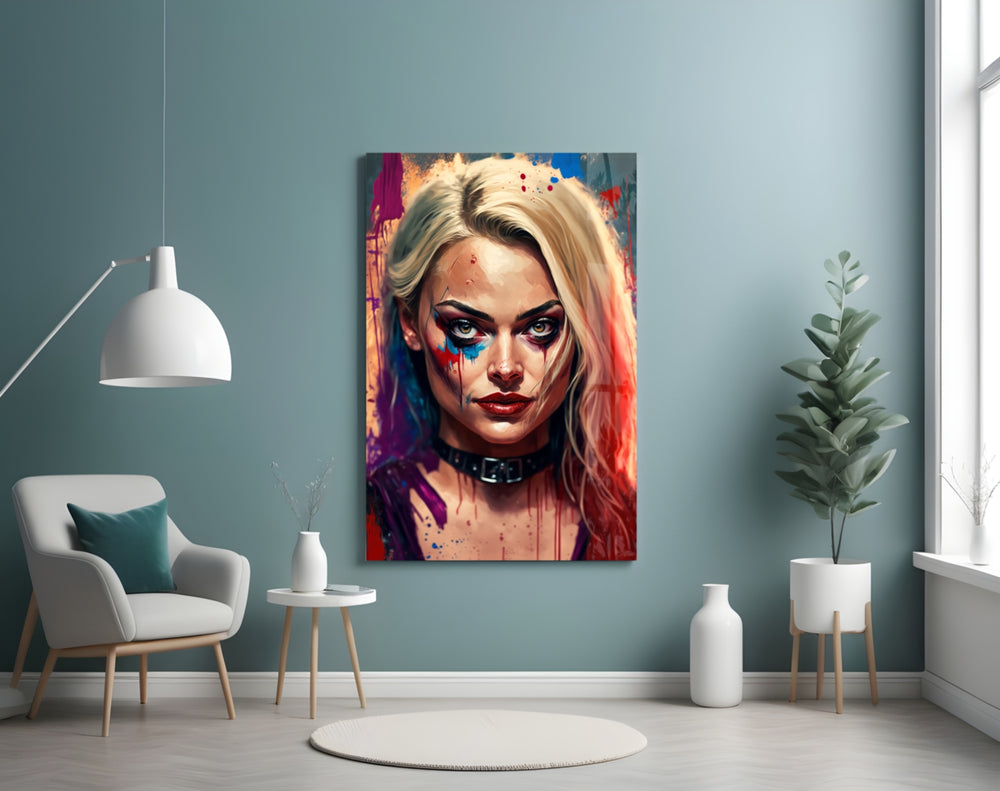 Harley Quinn glass wall art styled above a console in a hallway