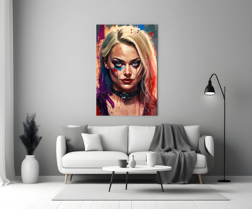 Harley Quinn close-up showing steady stare with kohl-smeared eyes and buckle choker