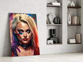 Harley Quinn glass print enhancing a powder room with cinematic mood