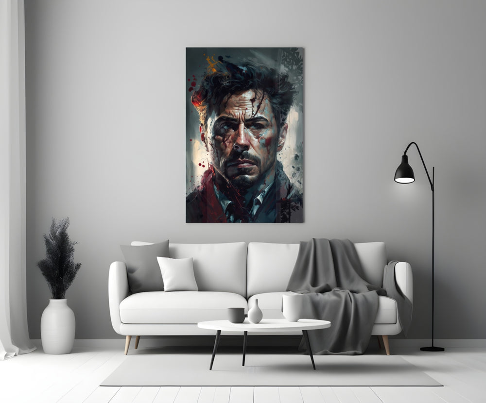 The Iron close-up showing Tony Stark with crimson splatters and sulfur paint