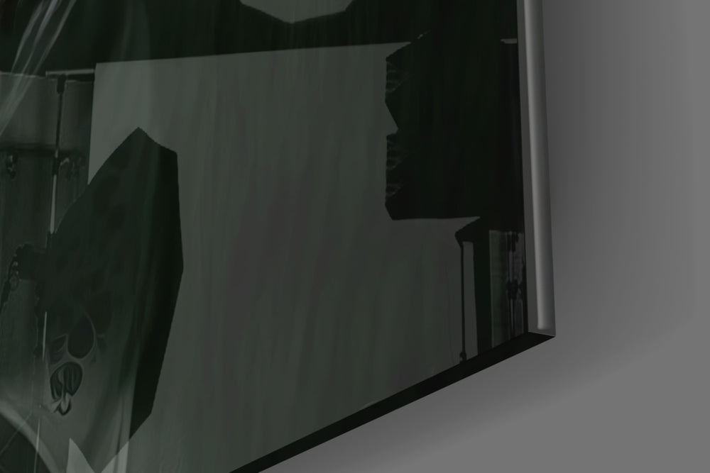 Joker artwork anchoring a wall with dark dramatic palette