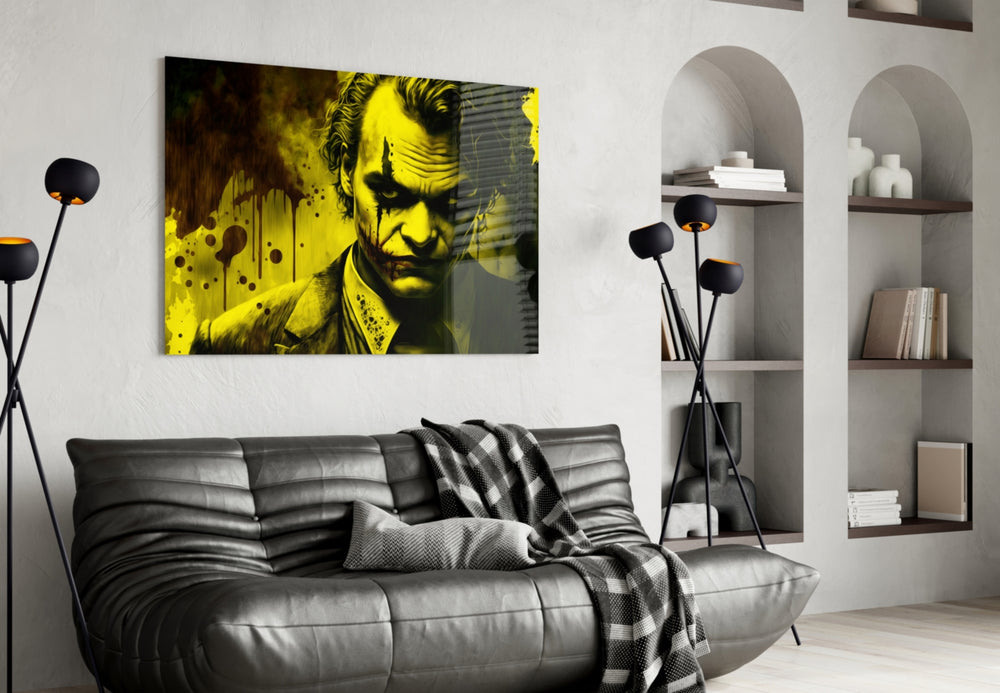Joker glass wall art styled above a console in a teen lounge