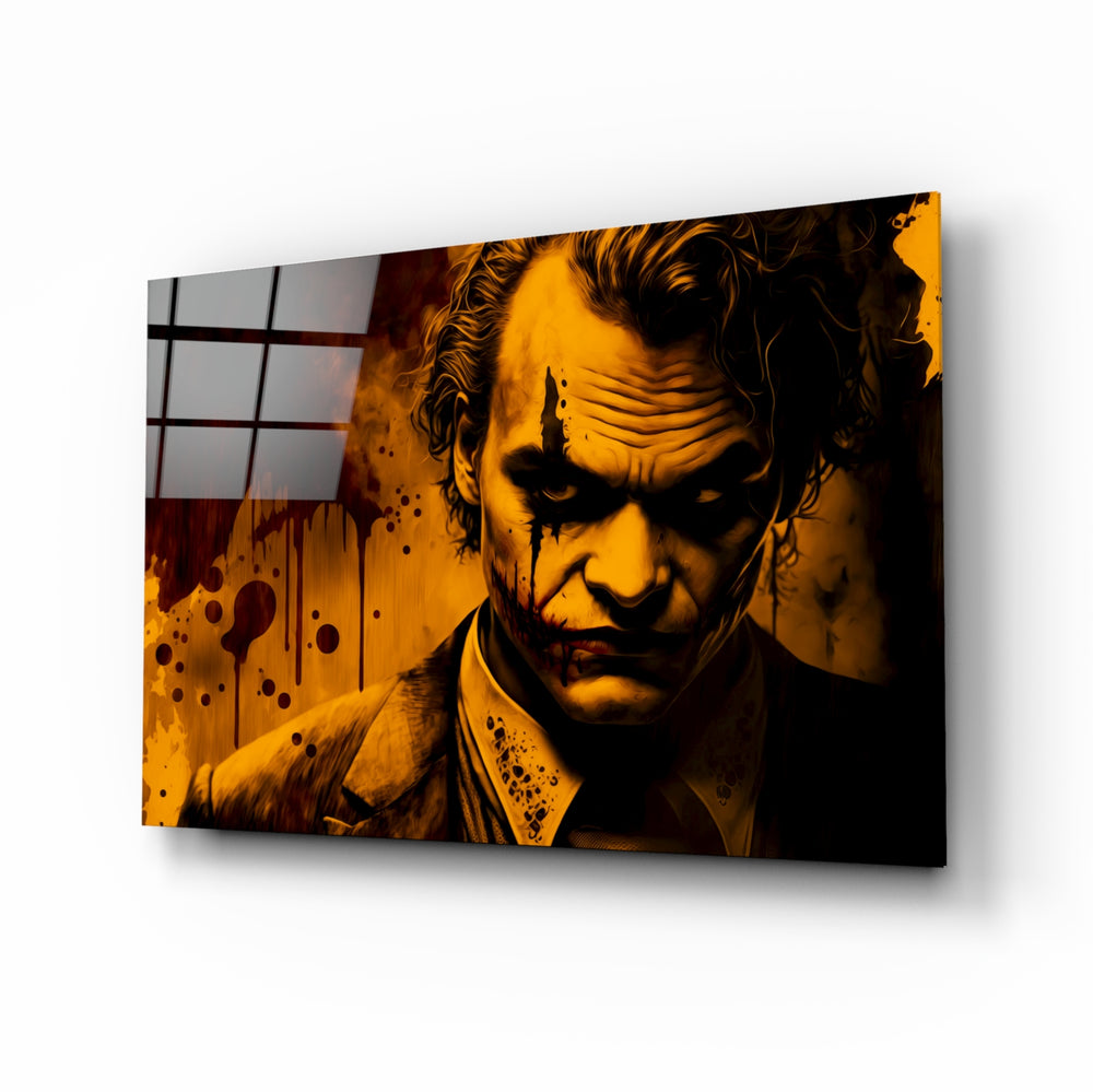 Joker glass wall art displayed above a leather sofa in a moody man cave with brass sconces